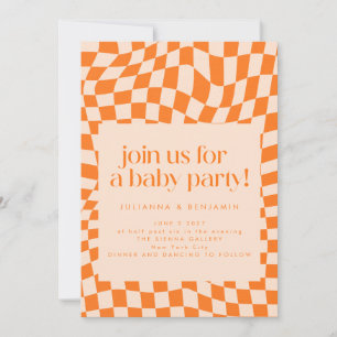 Retro Orange Abstract Check Pattern Baby  Invitation