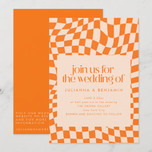 Retro Orange Abstract Check Wedding QR Code RSVP Invitation