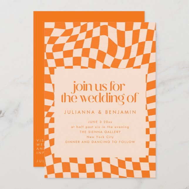Retro Orange Abstract Check Wedding QR Code RSVP Invitation (Front/Back)