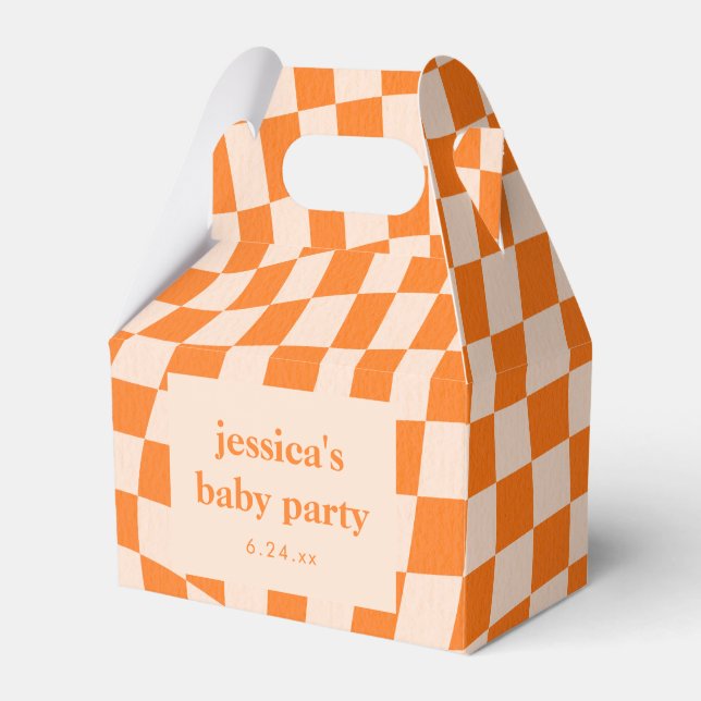 Retro Orange Abstract Checkerboard Baby Shower Favour Box (Front Side)