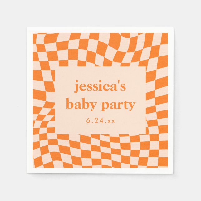 Retro Orange Abstract Checkerboard Baby Shower Napkin (Front)