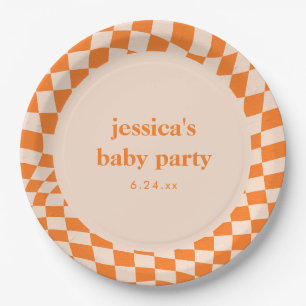 Retro Orange Abstract Checkerboard Baby Shower Paper Plate