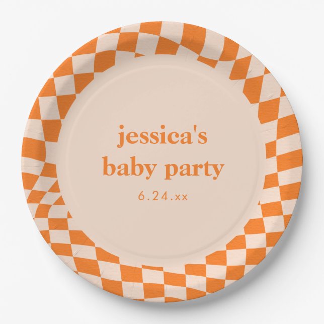 Retro Orange Abstract Checkerboard Baby Shower Paper Plate (Front)