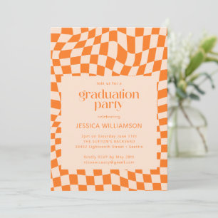 Retro Orange Abstract Chequerboard Graduation  Invitation