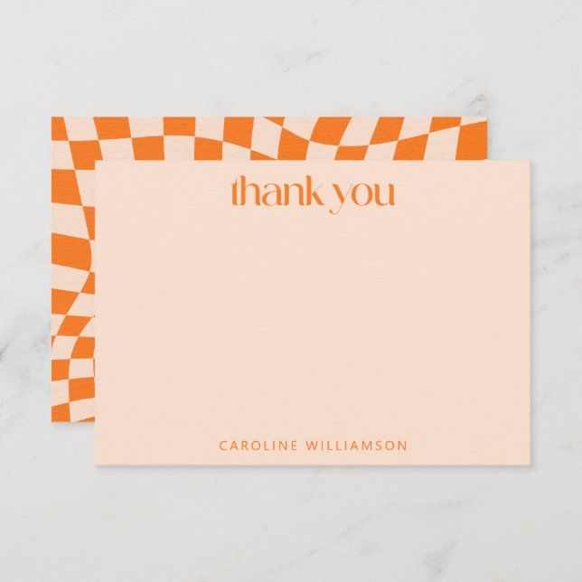 Retro Orange Abstract Chequerboard Personalised Thank You Card (Front/Back)