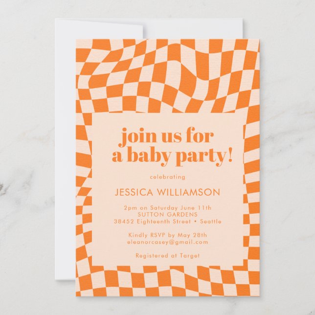 Retro Orange Abstract Geometric Chequered Baby Invitation (Front)
