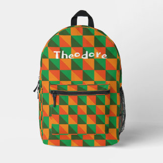 Retro Orange and Green Geometric Abstract Name Printed Backpack