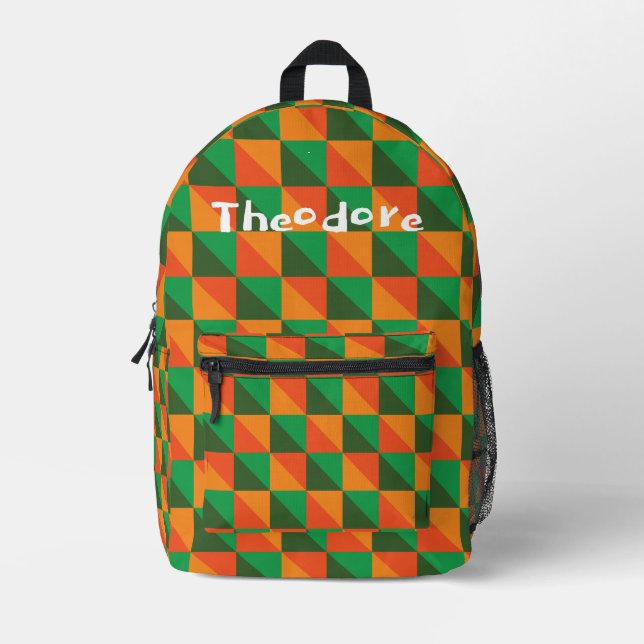 Retro Orange and Green Geometric Abstract Name Printed Backpack (Front)