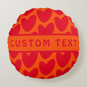 Retro Orange and Groovy Red Hearts Round Cushion