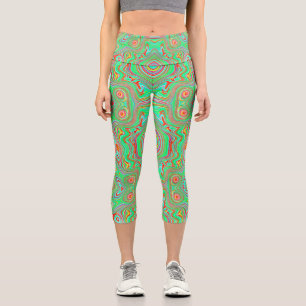 Retro Orange and Lime Green Abstract Pattern Capri Leggings