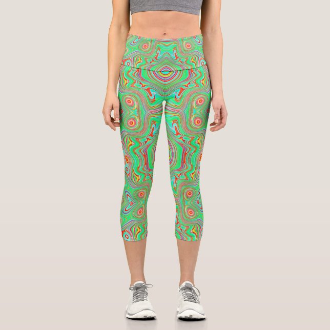 Retro Orange and Lime Green Abstract Pattern Capri Leggings (Front)