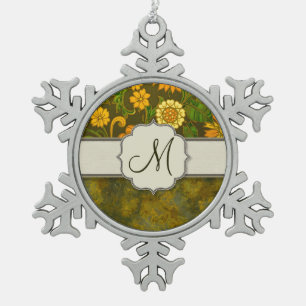 Retro Orange and Olive Jungle Floral with Monogram Snowflake Pewter Christmas Ornament