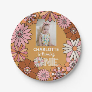Retro Orange and Pink Daisy First Birthday Paper Plate