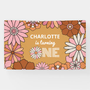 Retro Orange and Pink Floral Daisy First Birthday Banner