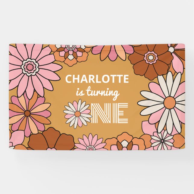 Retro Orange and Pink Floral Daisy First Birthday Banner (Horizontal)