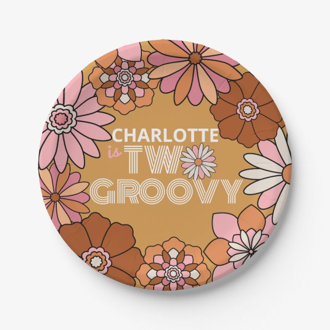 Retro Orange and Pink Floral Two Groovy Birthday Paper Plate (Front)