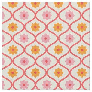 Retro Orange and Pink flowers on Ogee Pattern Fabric