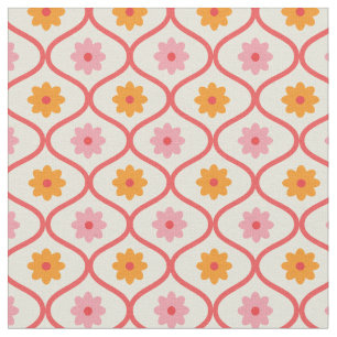 Retro Orange and Pink flowers on Ogee Pattern Fabric