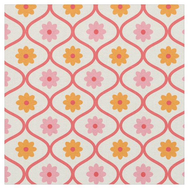 Retro Orange and Pink flowers on Ogee Pattern Fabric (Close Up)