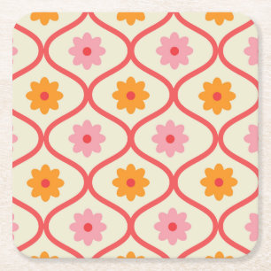 Retro Orange and Pink flowers on Ogee Pattern  Square Paper Coaster