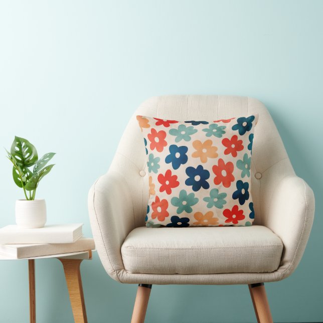 Retro Orange and Teal Floral Cushion (Chair)