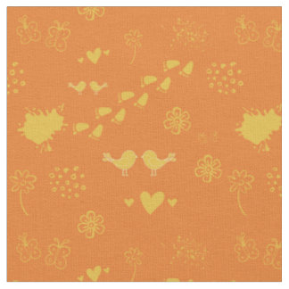 Retro orange and yellow pattern of birds, dots, fabric