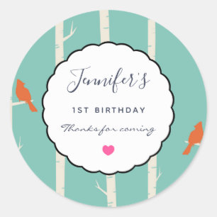 Retro Orange Birds on Birch Trees Birthday Thanks Classic Round Sticker