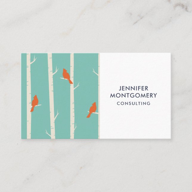Retro Orange Birds on Birch Trees Illustration Business Card (Front)