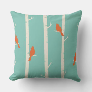Retro Orange Birds on Birch Trees Illustration Cushion