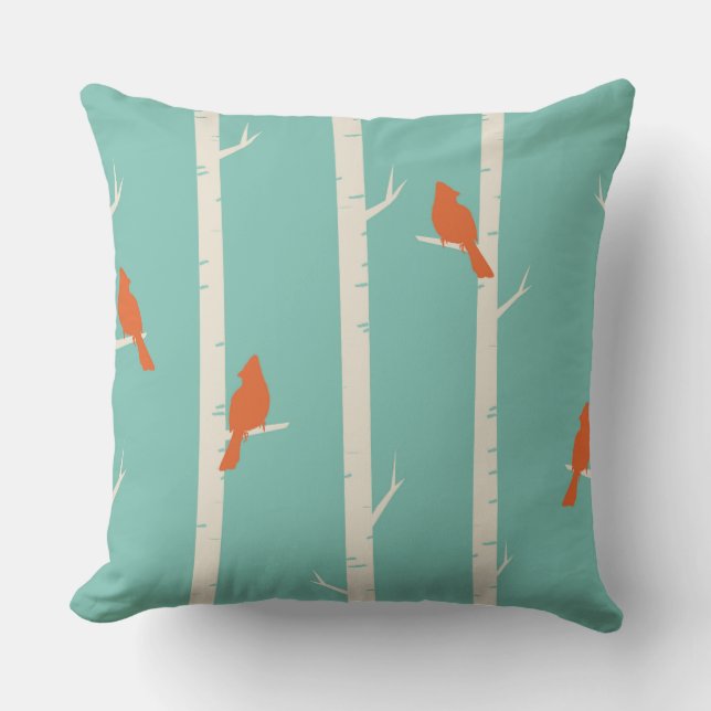 Retro Orange Birds on Birch Trees Illustration Cushion (Front)