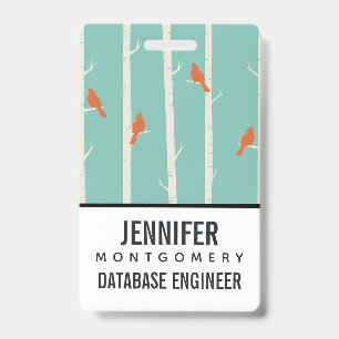 Retro Orange Birds on Birch Trees Illustration ID Badge