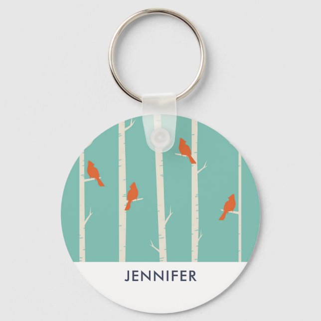 Retro Orange Birds on Birch Trees Illustration Key Ring (Front)