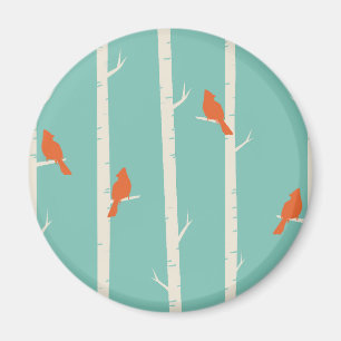 Retro Orange Birds on Birch Trees Illustration Magnet
