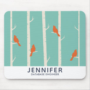 Retro Orange Birds on Birch Trees Illustration Mouse Pad