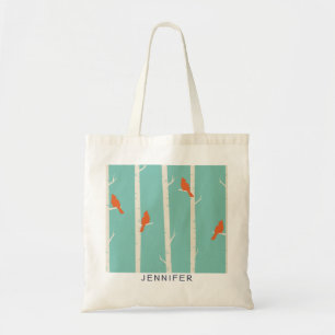 Retro Orange Birds on Birch Trees Illustration Tote Bag