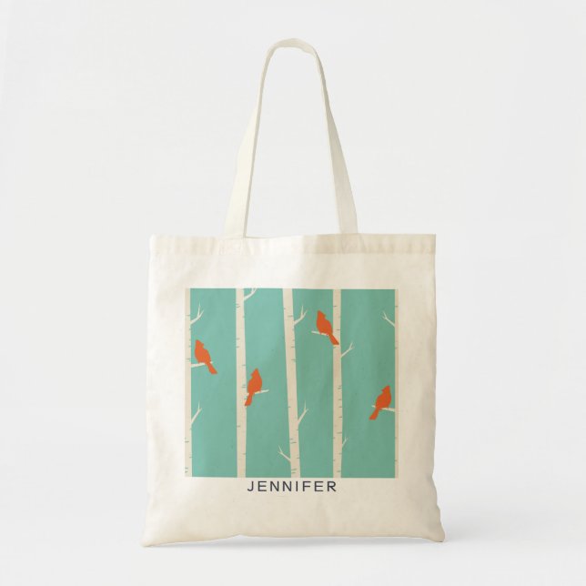 Retro Orange Birds on Birch Trees Illustration Tote Bag (Front)