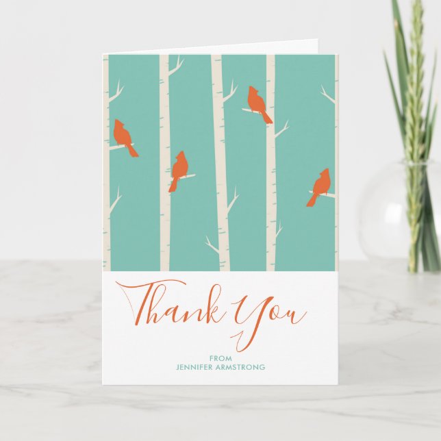Retro Orange Birds on Birch Trees Thank You Card (Front)