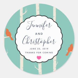 Retro Orange Birds on Birch Trees Wedding Thanks Classic Round Sticker