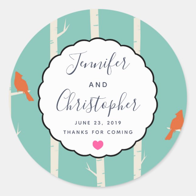 Retro Orange Birds on Birch Trees Wedding Thanks Classic Round Sticker (Front)