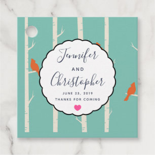 Retro Orange Birds on Birch Trees Wedding Thanks Favour Tags