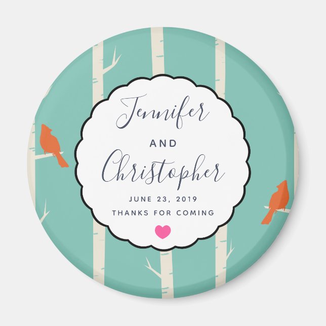 Retro Orange Birds on Birch Trees Wedding Thanks Magnet (Front)