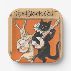 Retro Orange Black Cat White Rabbit Banjo Art Paper Plate