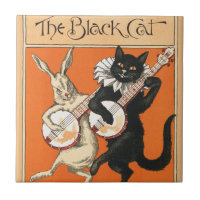 Retro Orange Black Cat White Rabbit Banjo Art