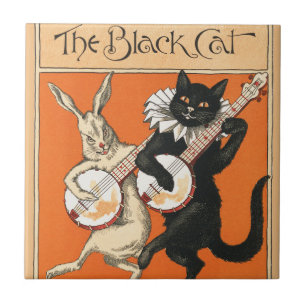 Retro Orange Black Cat White Rabbit Banjo Art Tile