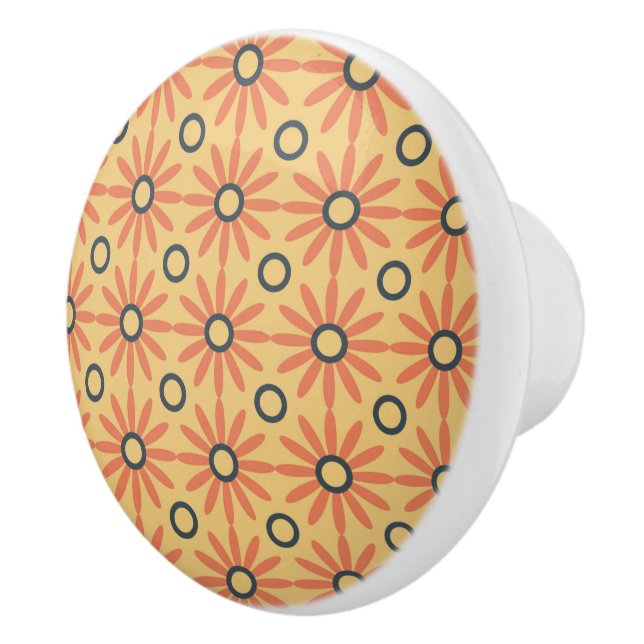 Retro Orange & Black Cute Abstract Floral Pattern Ceramic Knob (Right)