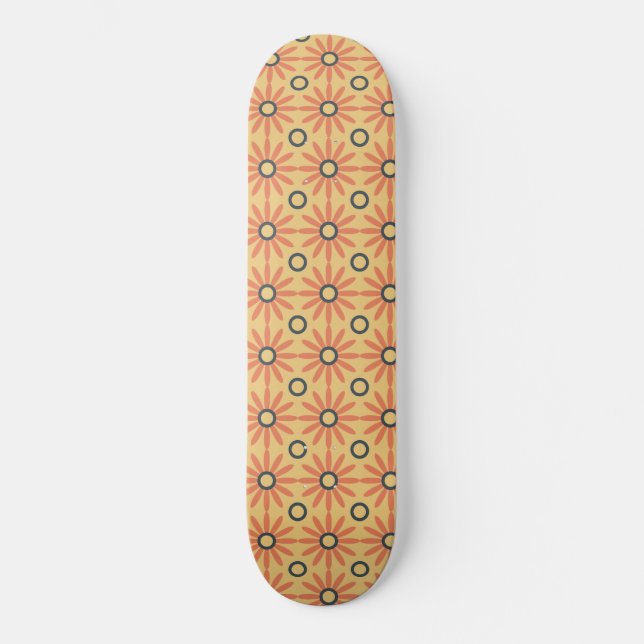 Retro Orange & Black Cute Abstract Floral Pattern Skateboard (Front)