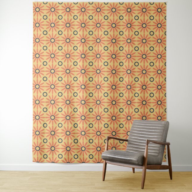 Retro Orange & Black Cute Abstract Floral Pattern Tapestry (In Situ)