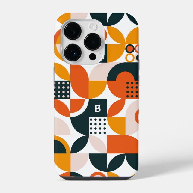 Retro Orange Black Geometric Monogram Initial iPhone Case (Back)