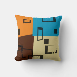 Retro Orange, Blue, Brown, Cream Abstract Art Cushion