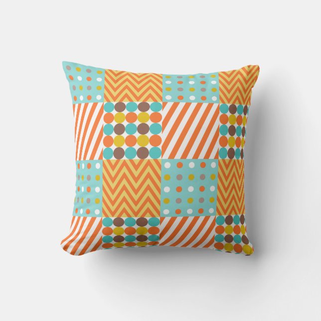 Retro Orange Blue Mustard Yellow Patchwork Pattern Cushion (Front)